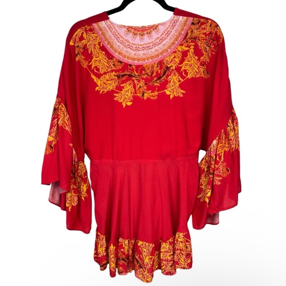 Free People Sunset Dreams V Neck Ruffle Bell Sleeve Tunic Blouse Top oversized - Picture 9 of 15